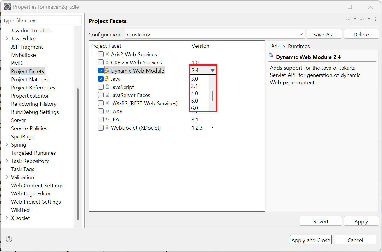 Project Facets 설정