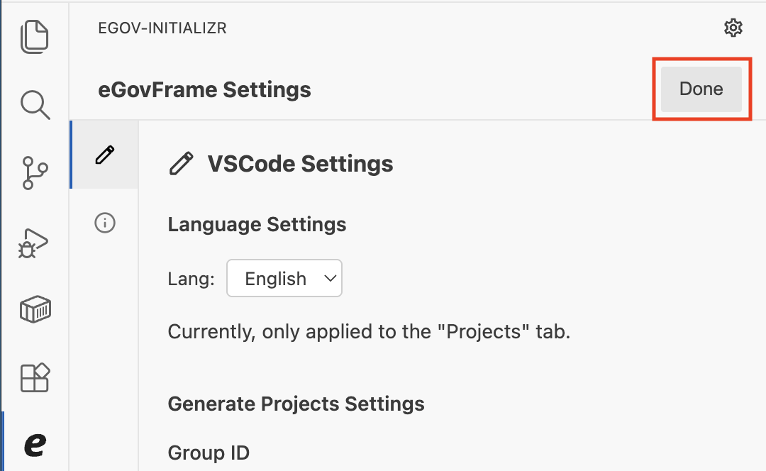 eGovFrame Settings 화면 닫기