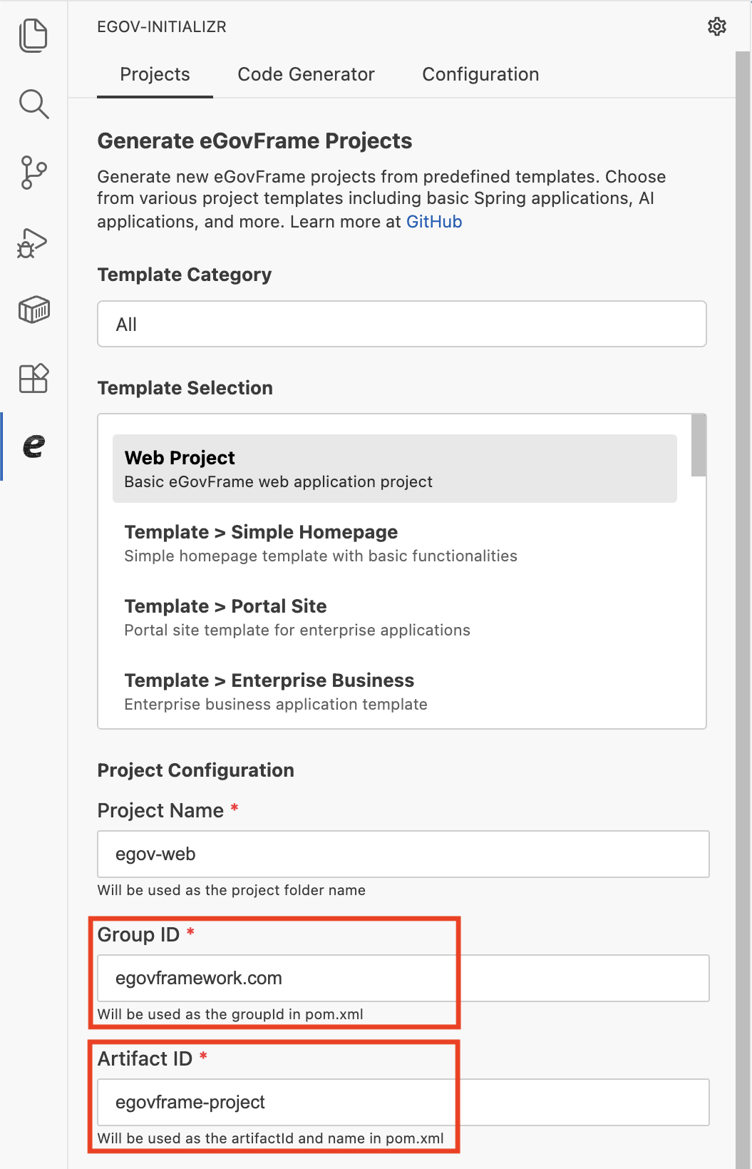 VS Code Settings에 Group ID, Artifact ID 값이 Projects 탭에 반영된 화면