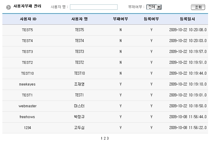 사용자부재 목록조회