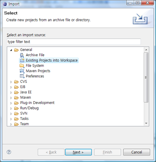 Import wizard에서 General>Existing Projects into Workspace 를 선택후 next 버튼을 클릭