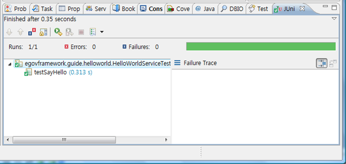 JUnit 결과창에서 다음과 같이 테스트(testSayHello)의 수행시간 및 성공여부를 확인