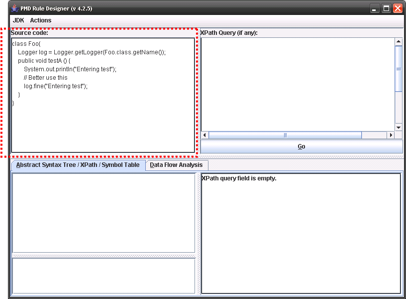 PMD Rule Designer에 샘플 Java 코드 입력